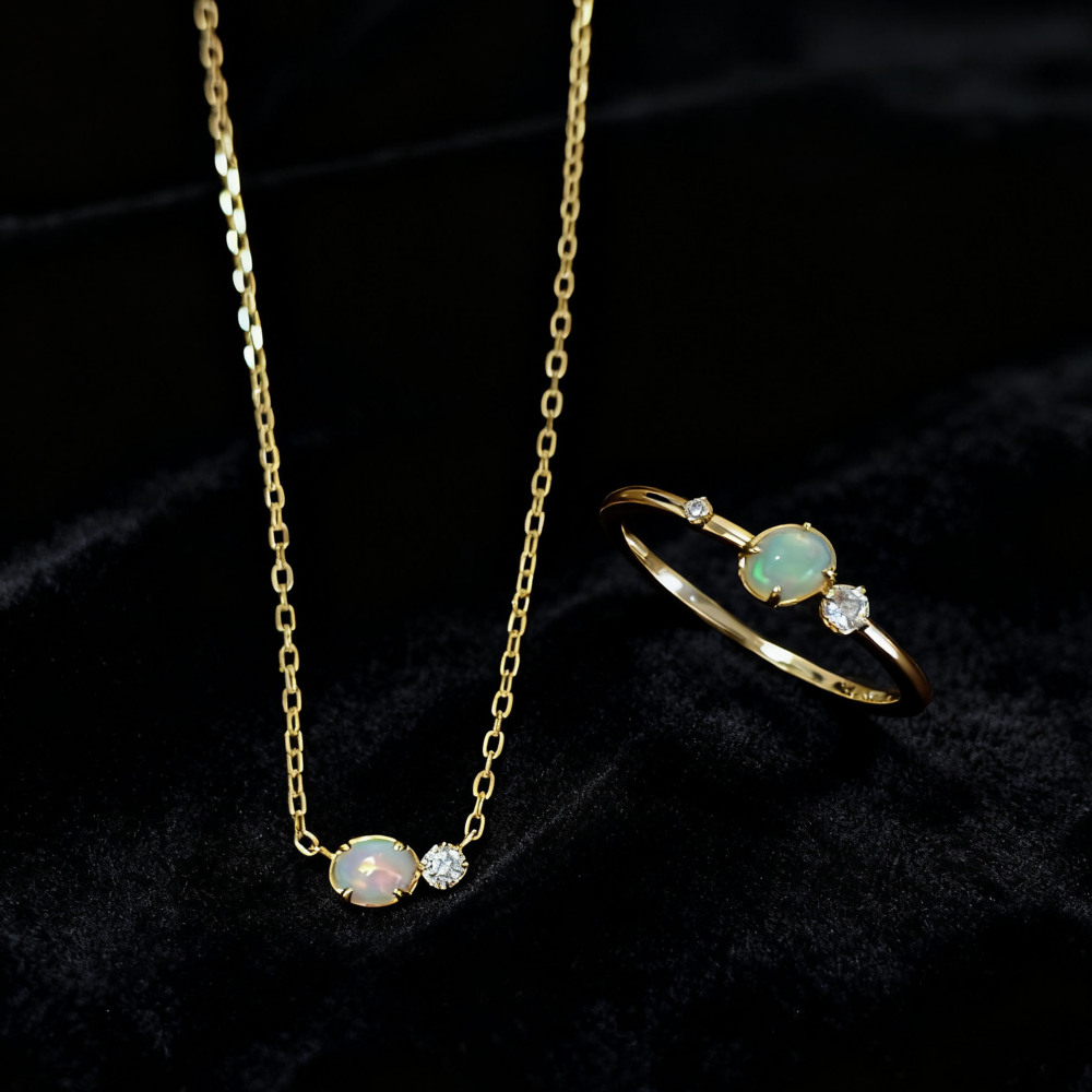Dainty Opal Jewelry Set Gold Oval Natural Opal Ring Sterling Silver Cubic Zirconia Necklace October Birthstone Unique Anniversary Gift