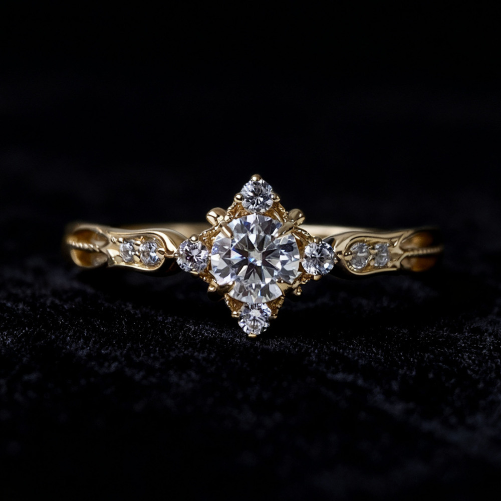 Round Moissanite Engagement Ring Dainty Gold CZ Halo Rings for Women Art Deco Promise Wedding Anniversary Jewelry