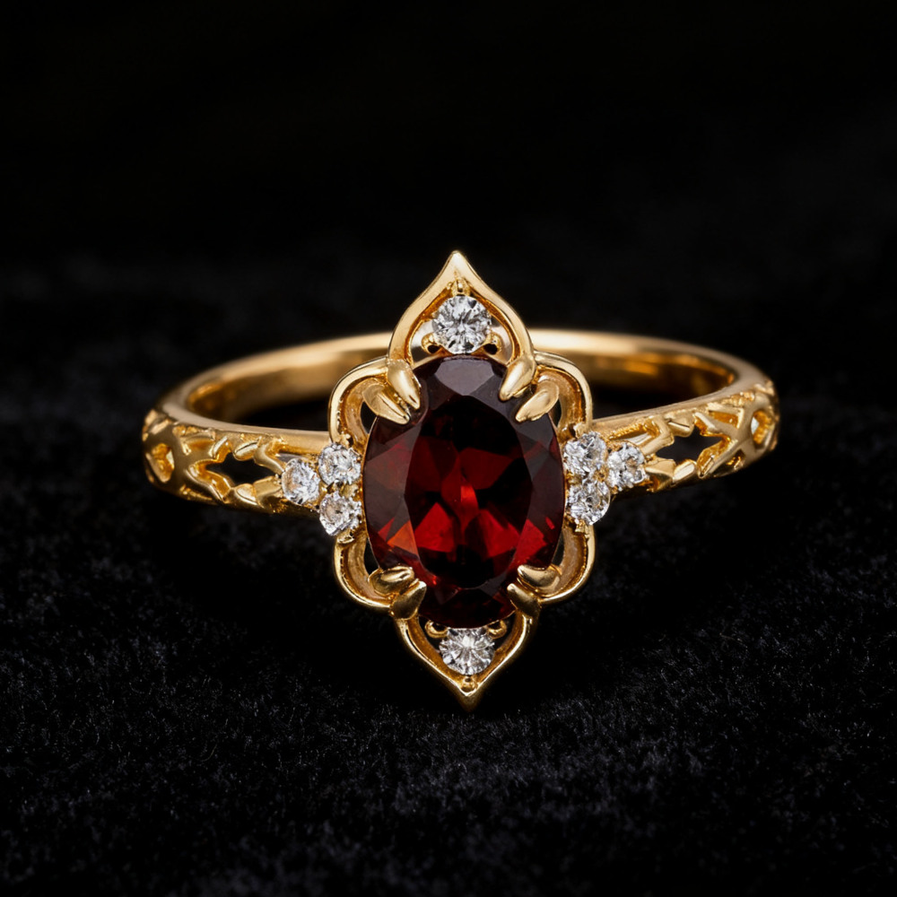 Natural Moss Agate Engagement Ring Vintage Gold Oval Garnet Promise Rings Unique Filigree January Birthstone Wedding Anniversary Jewelry gift for Women