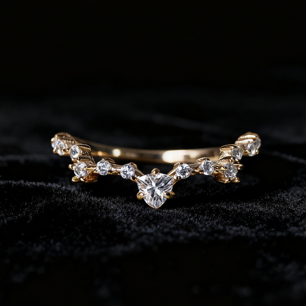 Cubic Zirconia Curved Wedding Band Chevron Stacking Band CZ Stackable Ring