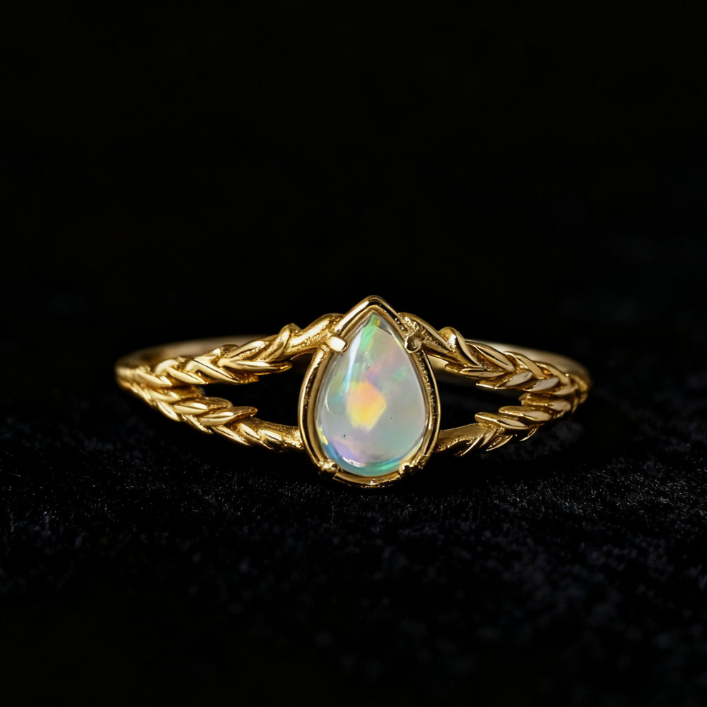 Dainty Opal Promise Ring Vintage Gold Pear Cut Sterling Silver Solitaire Rings October Birthstone Minimalist Anniversary Gift