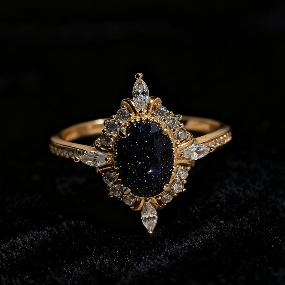 Blue Sandstone Ring 10k 14k 18k solid gold Vintage Oval Engagement Rings for Women CZ Halo Promise Anniversary Jewelry