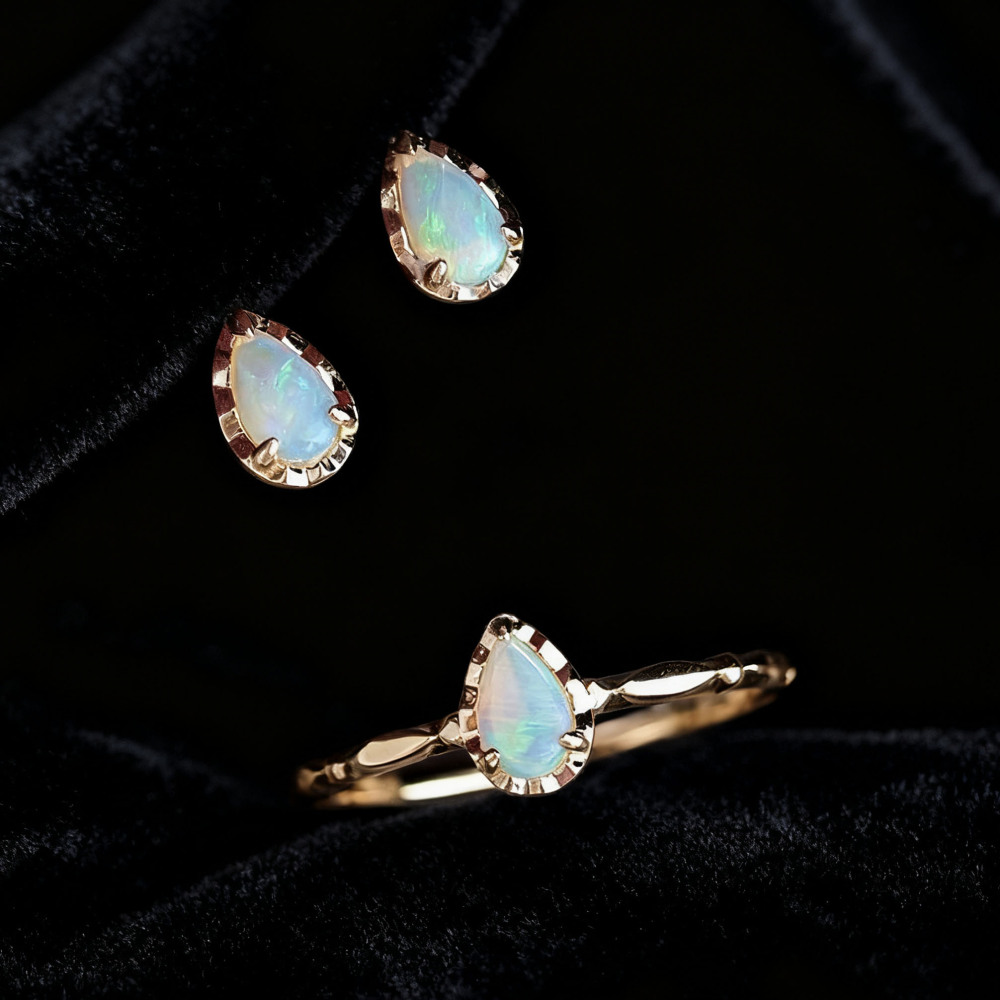 Dainty Opal Promise Ring Vintage Gold Pear Cut Sterling Silver Solitaire Rings Stackable October Birthstone Stud Earrings Unique Anniversary Jewelry Set
