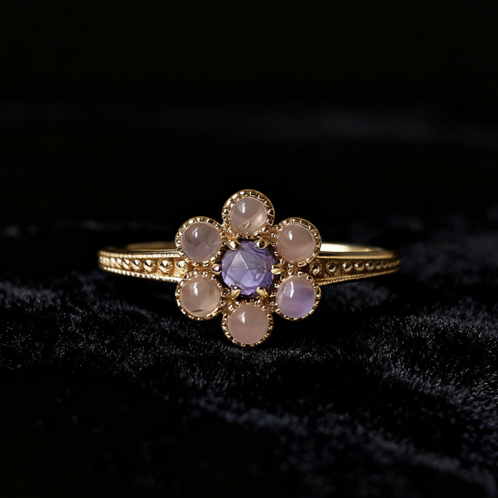 Iolite Ring 925 Sterling Silver Blue Gemstone Ring Gold Plated Peach Moonstone Flower Rings Gift for her