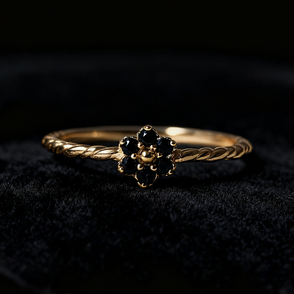 Dainty Black Onyx Ring,Daisy Flower Ring,Gold Plated Ring,Sterling Silver Stacking Rings,Minimalist Everyday Twist Ring Gift for her