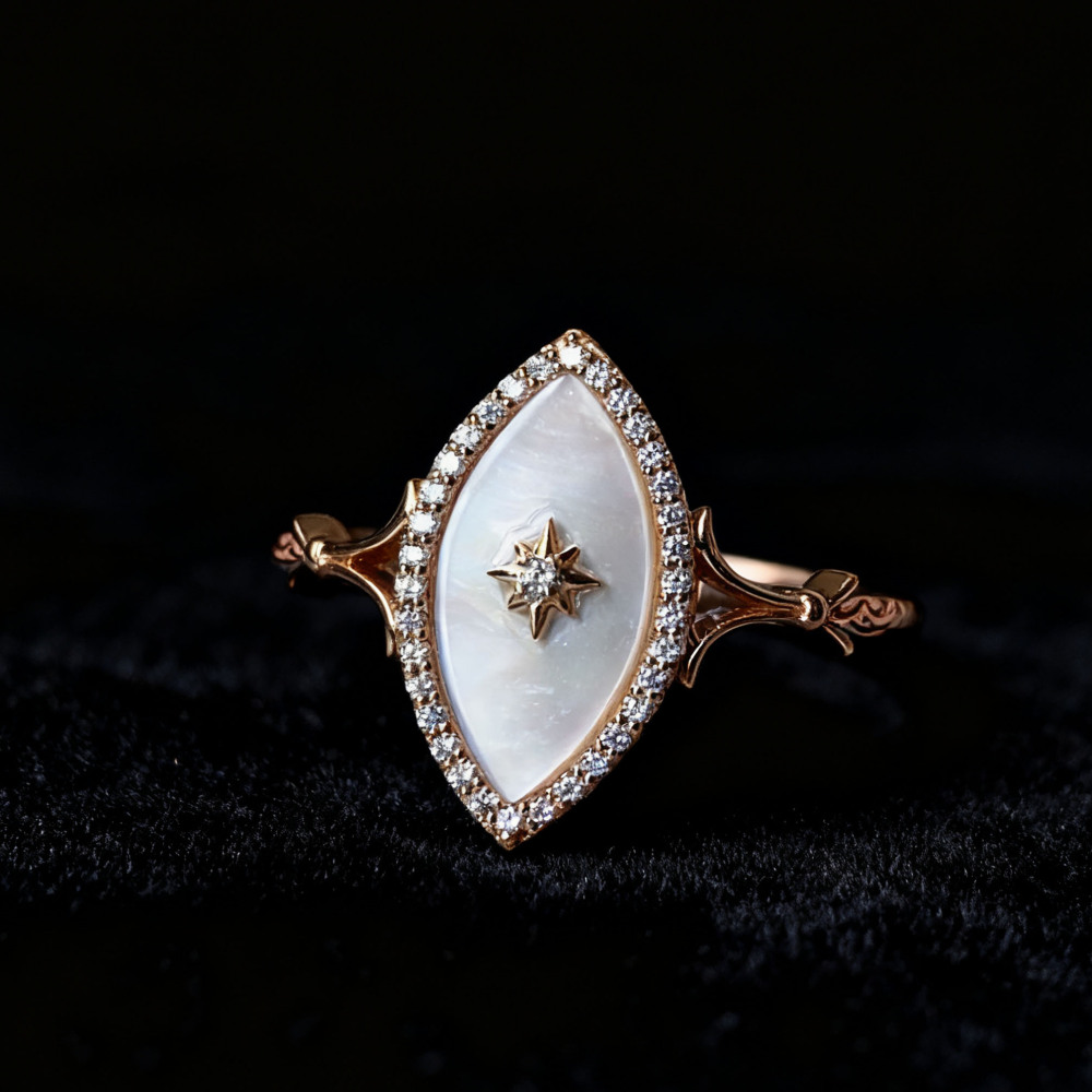 Mother of Pearl Ring Gold Plated Vintage CZ Halo Rings Dainty Art Deco Oval Ring Promise Anniversary Gift