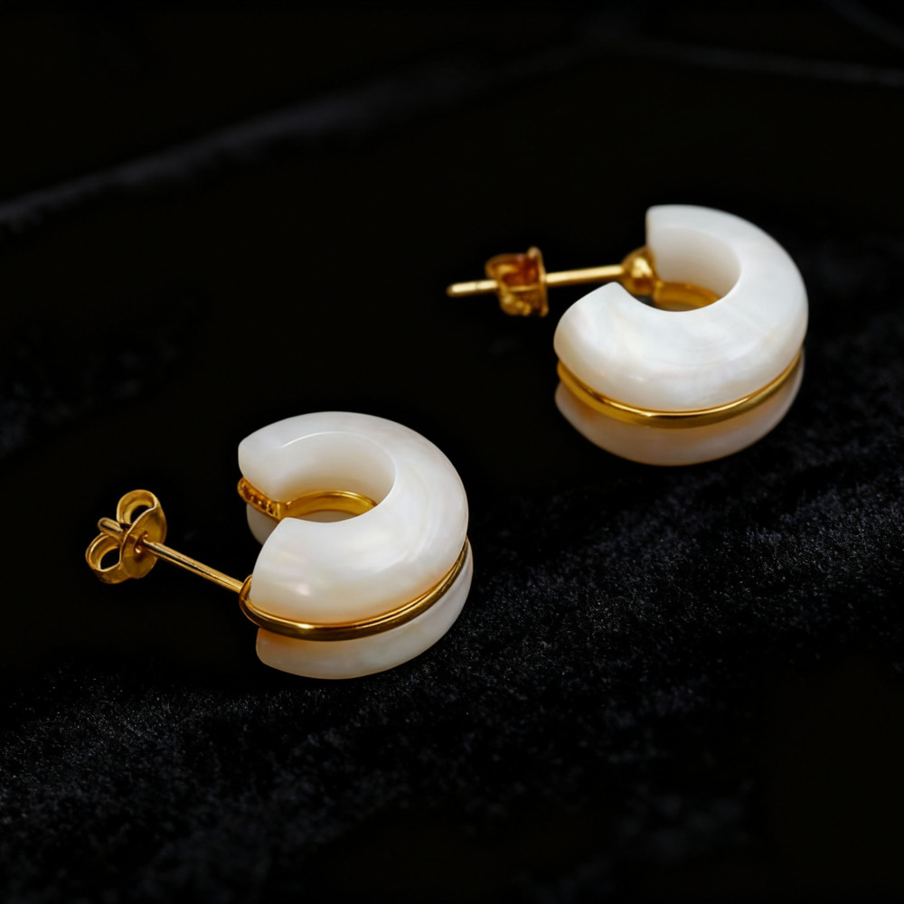 Black Onyx Hoop Earrings Small Chunky Hoops Gold Plated Sterling Silver White Mother of Pearl Thick Hoops for Women Gemstone Jewelry