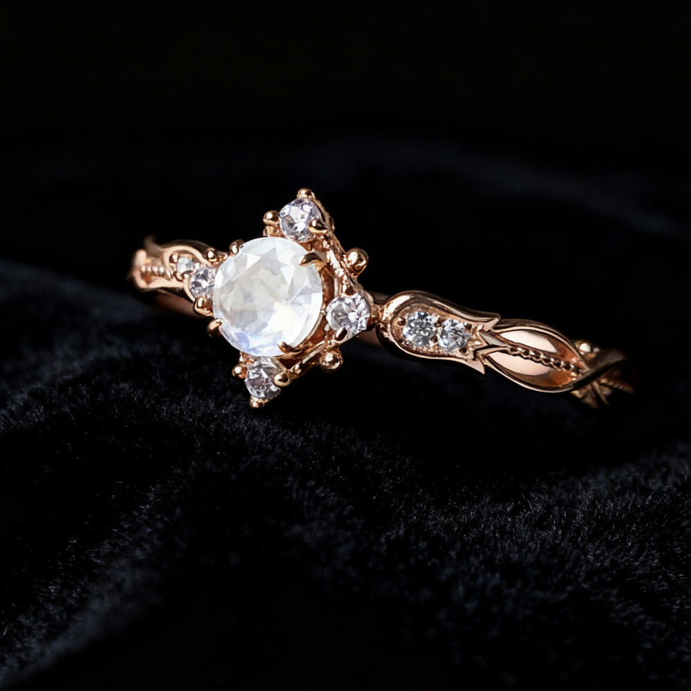 Round Moonstone Promise Ring Gold CZ Halo Engagement Wedding Rings June Birthstone Vintage Unique Dainty Bridal Anniversary Jewelry Gift