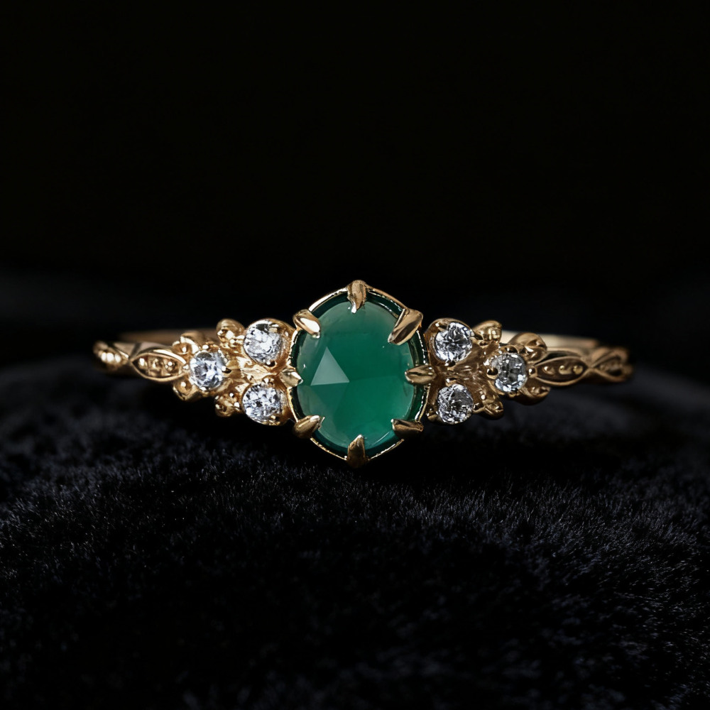 Dainty Chrysoprase Engagement Ring Vintage Gold Sterling Silver Green Onyx Wedding Promise Ring Anniversary Gift for her