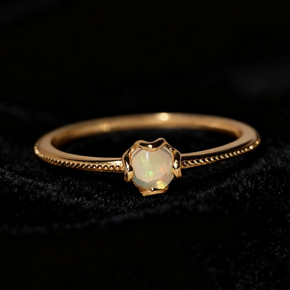 Natural Opal Ring Gold Solitaire Rings Dainty Art Deco Anniversary Promise Ring Round October Birthstone Ring