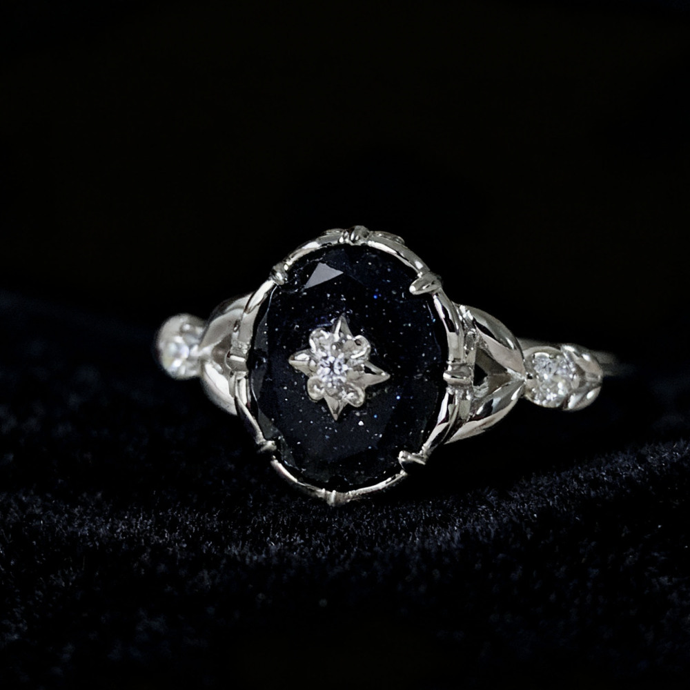 Vintage Blue Sandstone Engagement Ring Sterling Silver Flower Solitaire Promise Wedding Rings Unique Dainty Galaxy Gemstone Jewelry