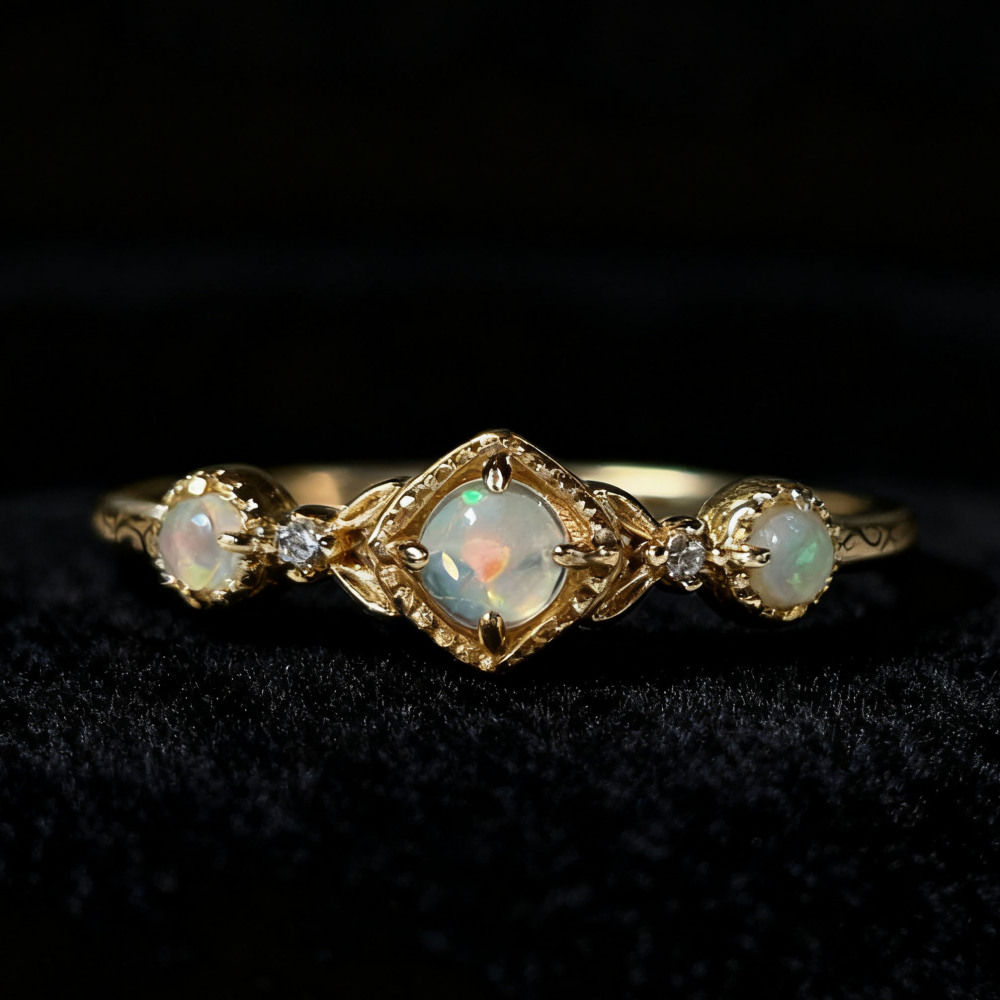 Vintage Opal Promise Ring Gold Plated Sterling Silver Dainty Rings Stacking October Birthstone Art Deco Anniversary Gift