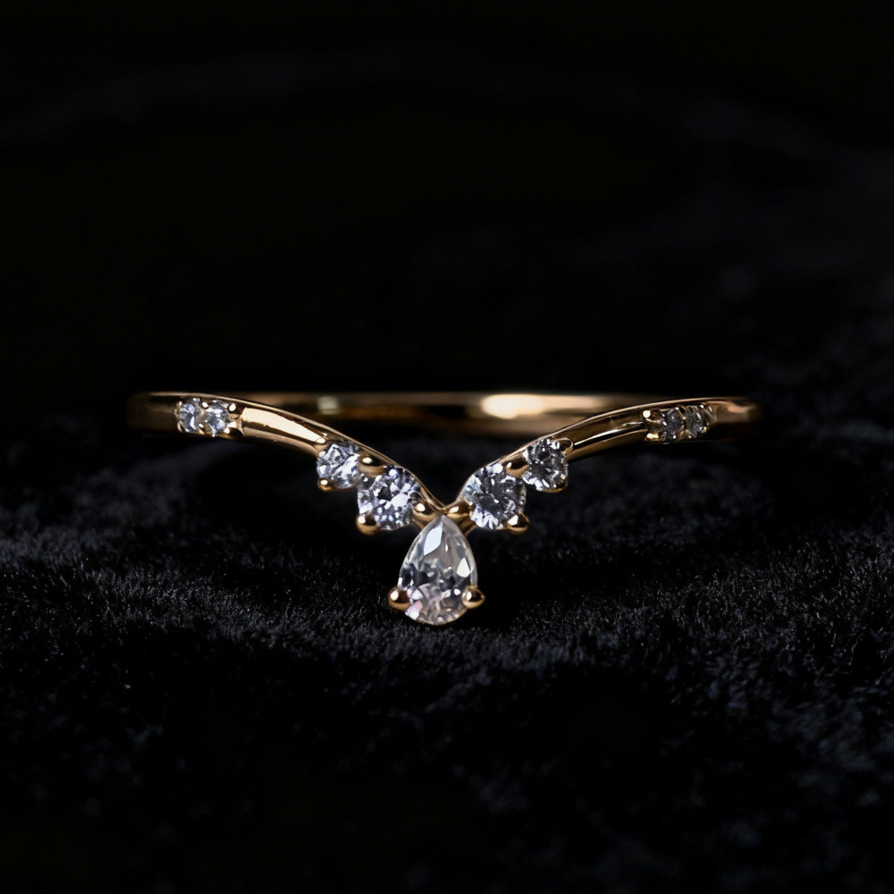 Curved Wedding Band Pear Cut Cubic Zirconia Unique Chevron Stacking Band V Shaped CZ Stackable Ring Anniversary Gift for her