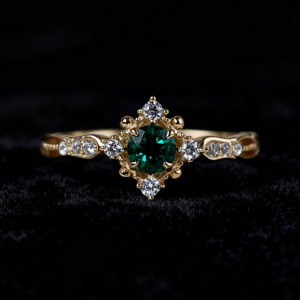 Round Emerald Engagement Ring Gold Dainty May Birthstone Rings Art Deco Sterling Silver CZ Halo Promise Wedding Anniversary Jewelry