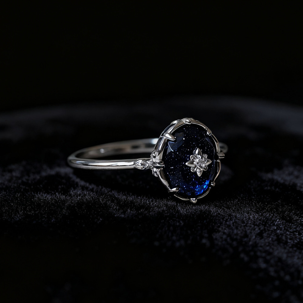 Vintage Blue Sandstone Engagement Ring Sterling Silver Flower Solitaire Promise Wedding Rings Unique Dainty Galaxy Gemstone Jewelry