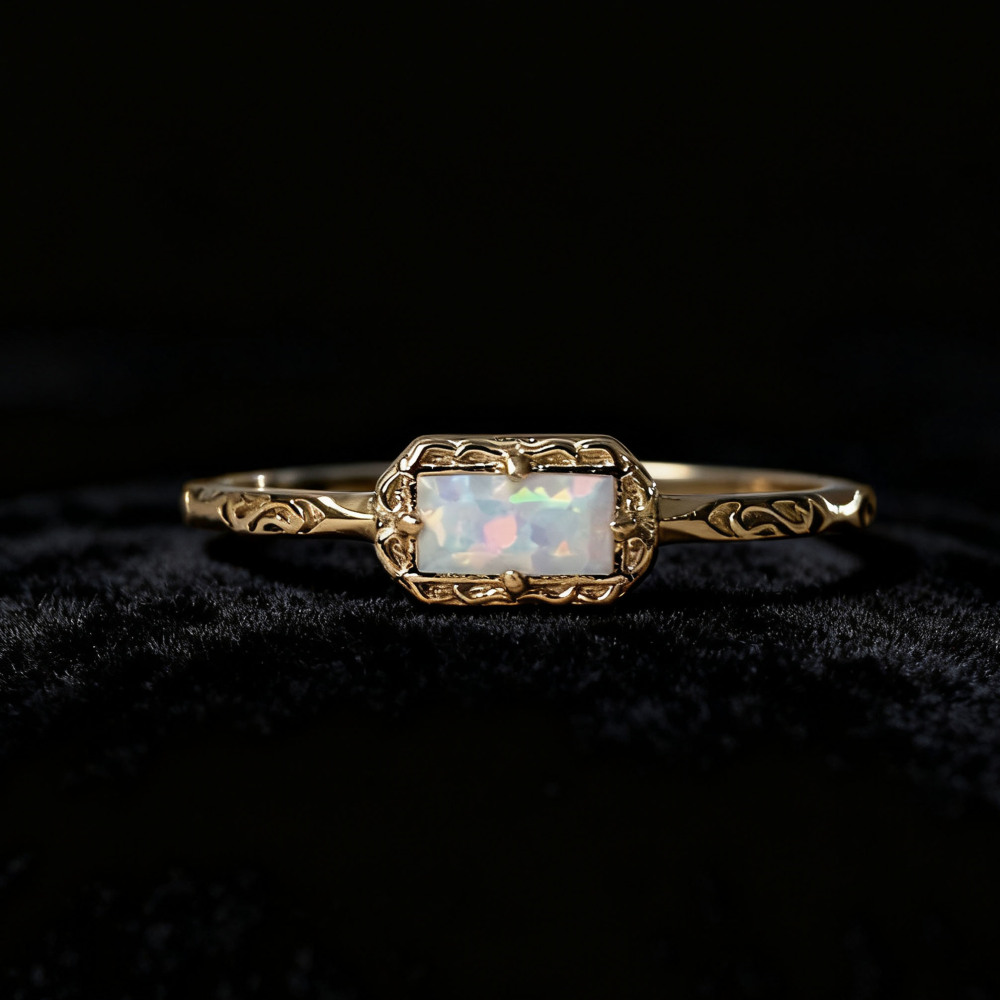Vintage Opal Engagement Ring, Sterling Silver White Opal Ring, Solitaire Fire Opal Ring, Dainty Opal ring, Baguette October Birthstone Ring 10K 14K 18K Solid Gold