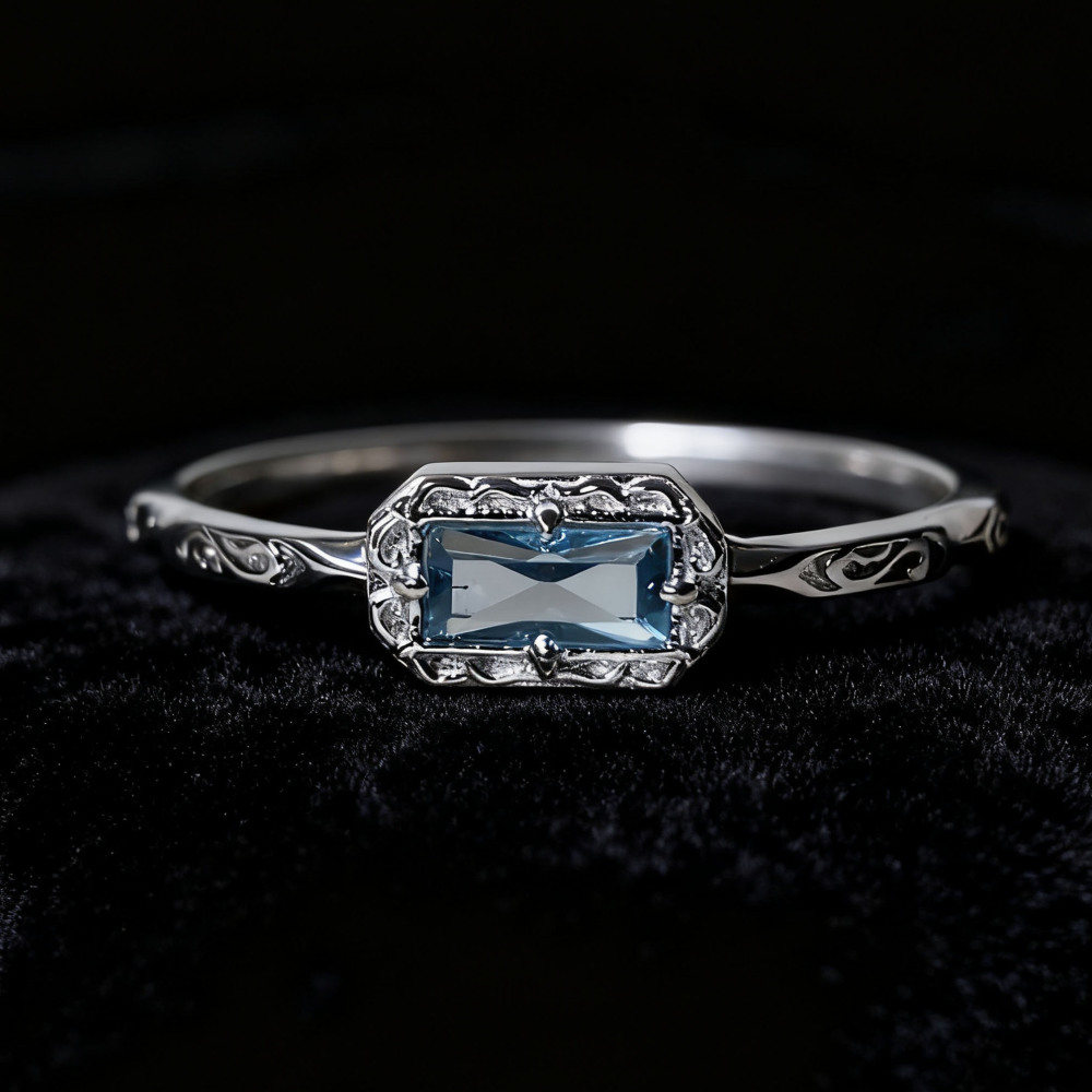 London Blue Topaz Wedding Band Ring Sterling Silver Baguette November Birthstone Ring Art Deco Filigree Solitaire Promise Ring 10K 14K 18K Solid Gold