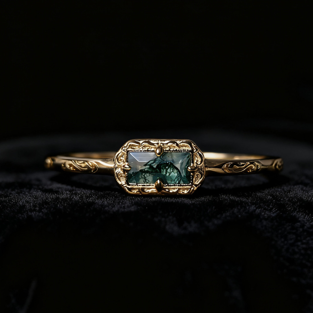 Natural Moss Agate Wedding Band Ring Sterling Silver Art Deco Unique Baguette Cut Green Agate Anniversary Rings Minimalist Jewelry 10k 14k 18k solid gold