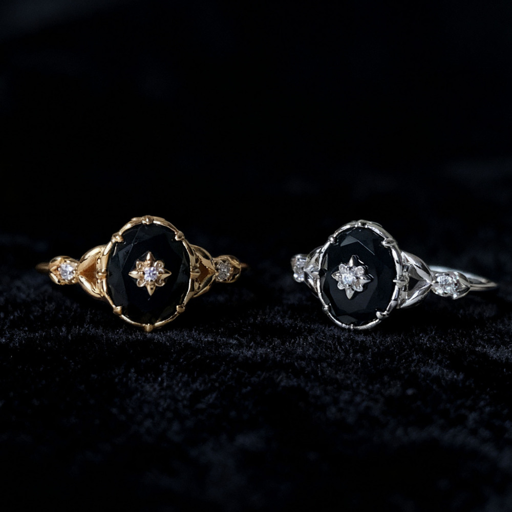 Vintage Black Onyx Engagement Ring Gold Art Deco Promise Ring Sterling Silver Unique Oval Agate Gems Statement Rings Anniversary Jewelry