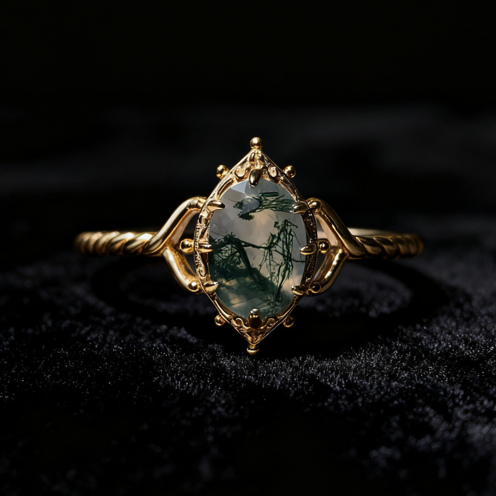 Natural Moss Agate Engagement Ring Vintage Unique 925 Sterling Silver Gold Solitaire Rings Promise Anniversary Jewelry for Women