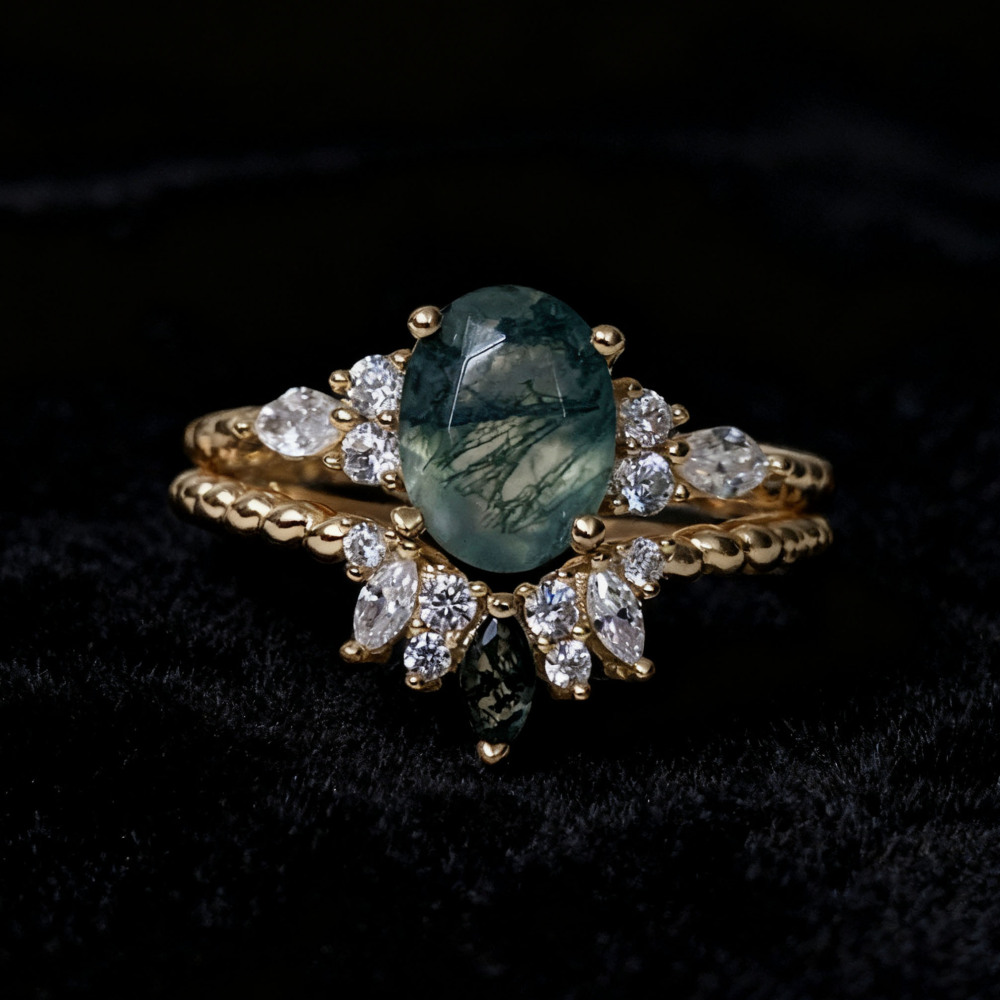 Vintage Moss Agate Engagement Ring Set Gold Oval Unique Natural Stone Twisted Rings Promise Anniversary Jewelry gift for Women