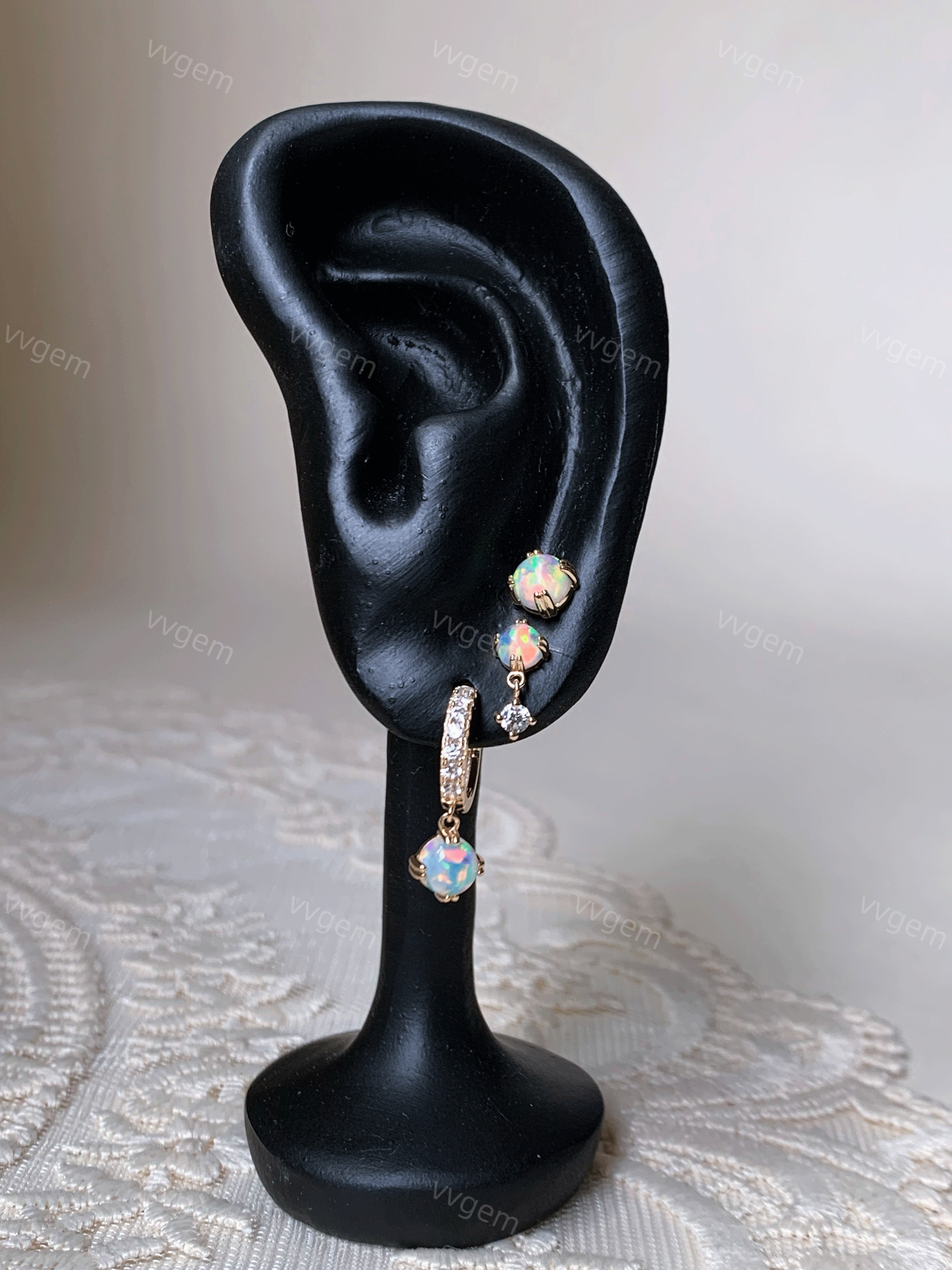 Opal Hoop Earrings Set Gold Plated Huggie Hoops Round October Birthstone Stud Earrings for Women Christmas Gift