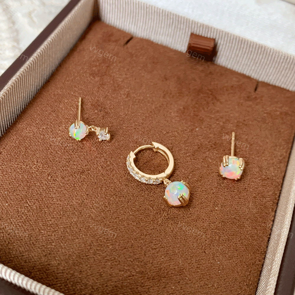 Opal Hoop Earrings Set Gold Plated Huggie Hoops Round October Birthstone Stud Earrings for Women Christmas Gift