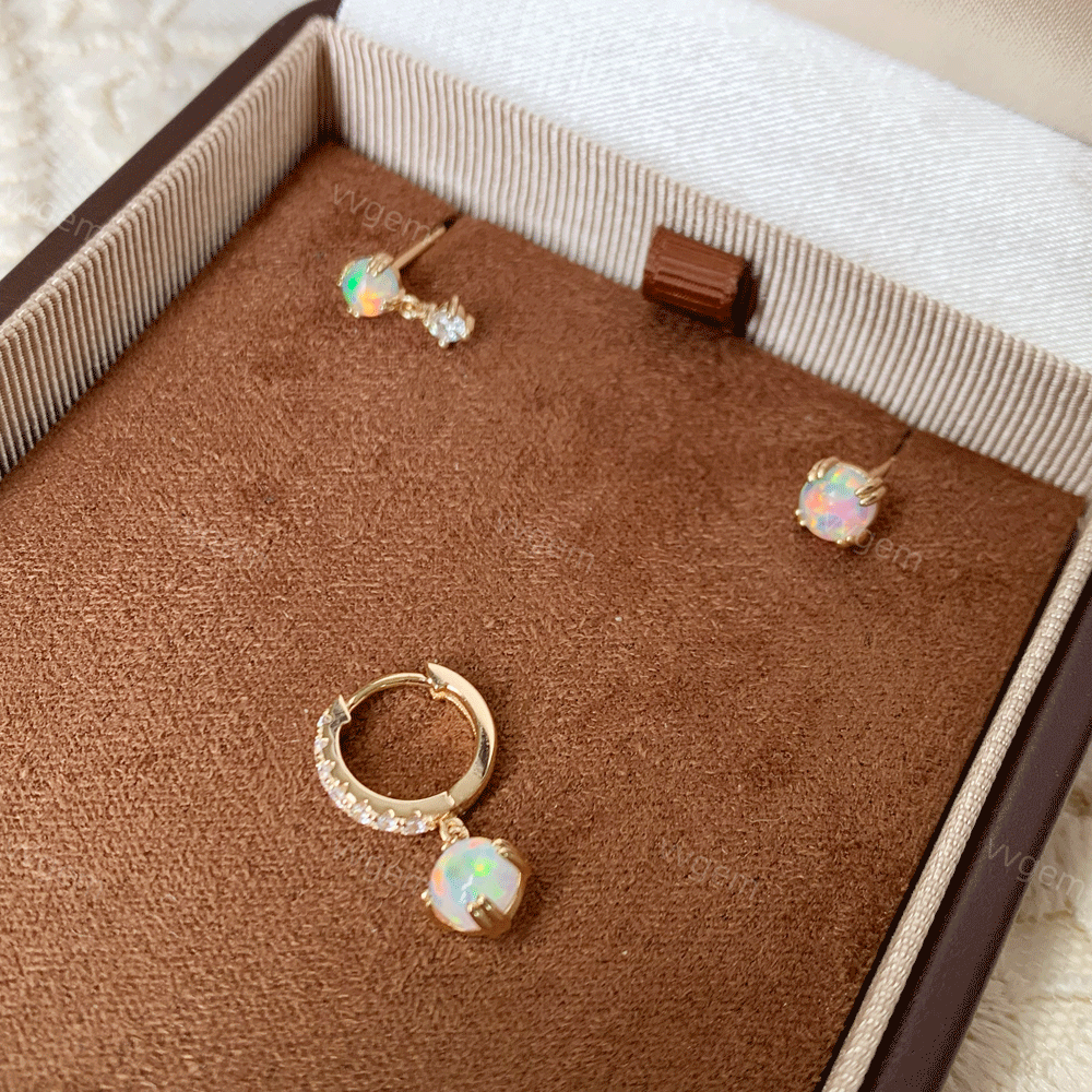Opal Hoop Earrings Set Gold Plated Huggie Hoops Round October Birthstone Stud Earrings for Women Christmas Gift