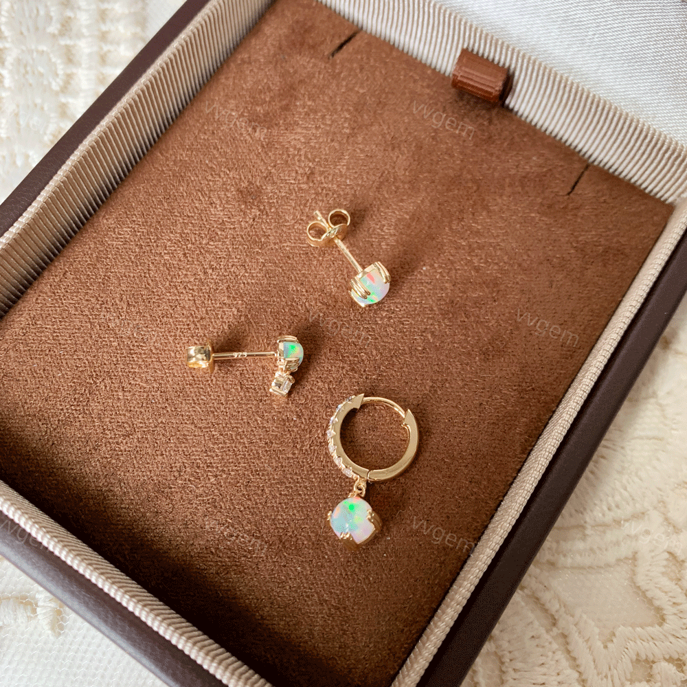 Opal Hoop Earrings Set Gold Plated Huggie Hoops Round October Birthstone Stud Earrings for Women Christmas Gift