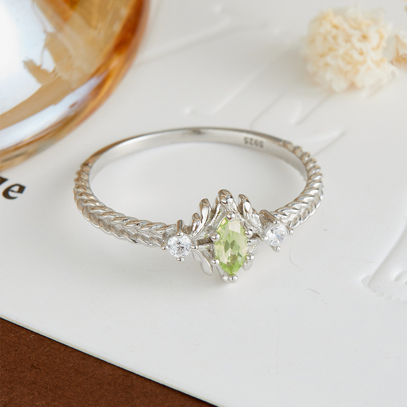 Vintage Peridot Promise Ring 925 Sterling Silver Marquise Green Olivine August Birthstone Rings Dainty Three Stone Wedding Anniversary Ring