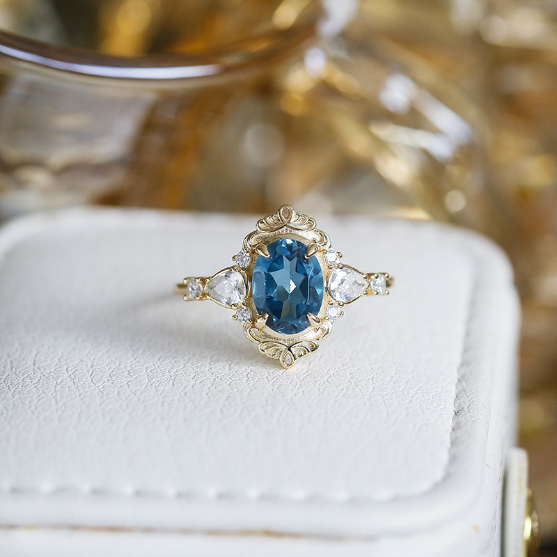 London Blue Topaz Engagement Ring Gold Vintage Dainty November Birthstone Birthday Anniversary Gift for Women