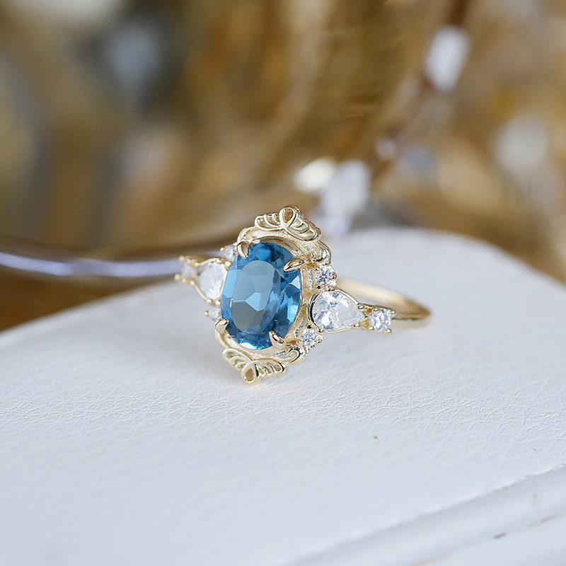 London Blue Topaz Engagement Ring Gold Vintage Dainty November Birthstone Birthday Anniversary Gift for Women