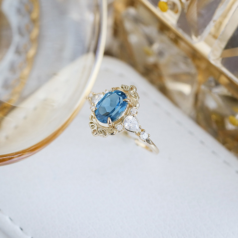 London Blue Topaz Engagement Ring Gold Vintage Dainty November Birthstone Birthday Anniversary Gift for Women