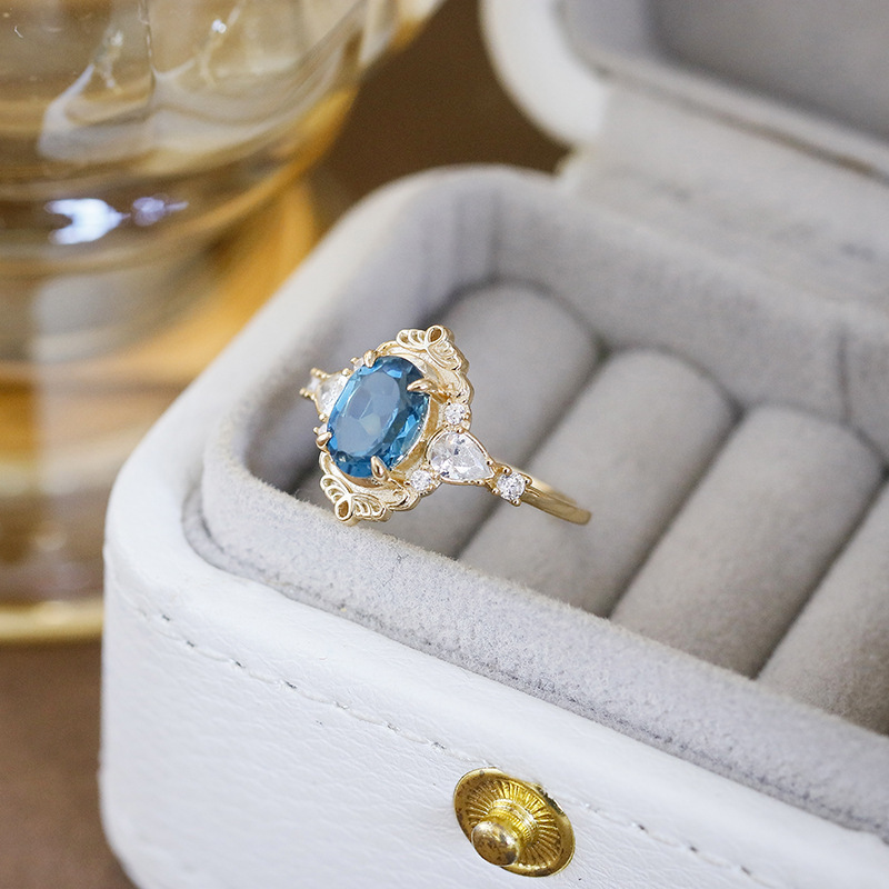 London Blue Topaz Engagement Ring Gold Vintage Dainty November Birthstone Birthday Anniversary Gift for Women