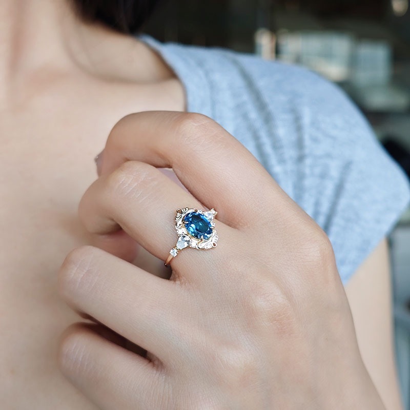 London Blue Topaz Engagement Ring Gold Vintage Dainty November Birthstone Birthday Anniversary Gift for Women