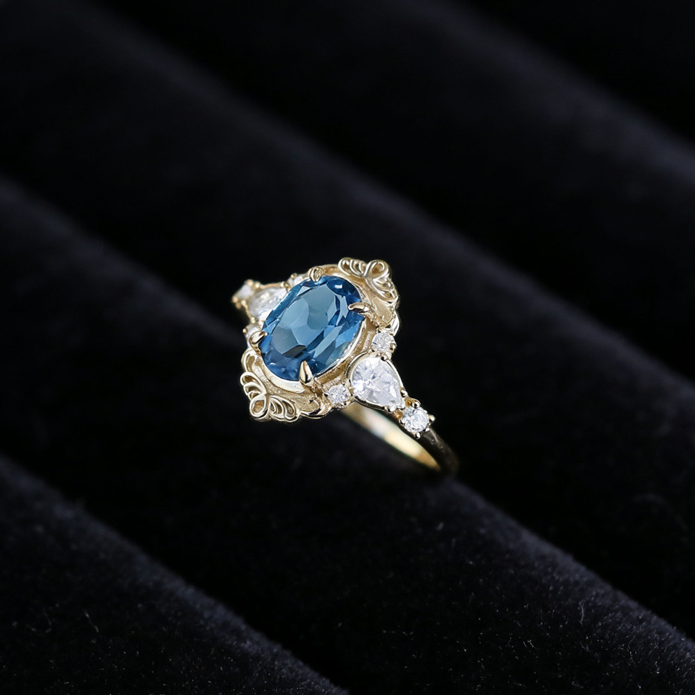 London Blue Topaz Engagement Ring Gold Vintage Dainty November Birthstone Birthday Anniversary Gift for Women