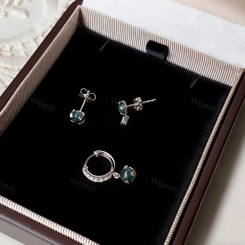 Moss Agate Hoop Earrings Set Sterling Silver Huggie Hoops Round Natural Unique Gemstone Stud Earrings for Women Christmas Gift
