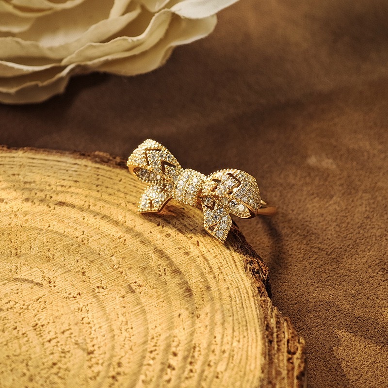 Gold Bow Rings Unique 925 Sterling Silver Cubic Zirconia Cute Ribbon Statement Rings for Women