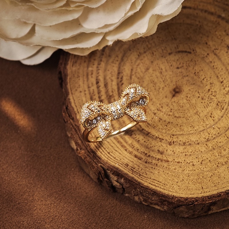 Gold Bow Rings Unique 925 Sterling Silver Cubic Zirconia Cute Ribbon Statement Rings for Women