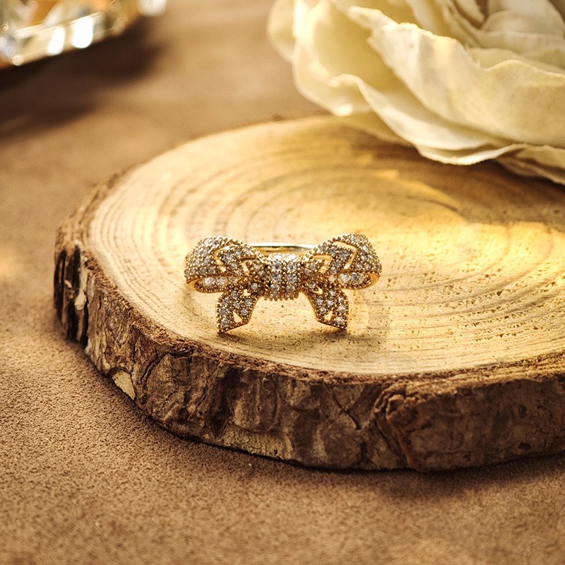 Gold Bow Rings Unique 925 Sterling Silver Cubic Zirconia Cute Ribbon Statement Rings for Women