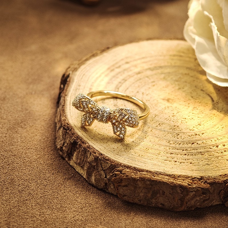 Gold Bow Rings Unique 925 Sterling Silver Cubic Zirconia Cute Ribbon Statement Rings for Women