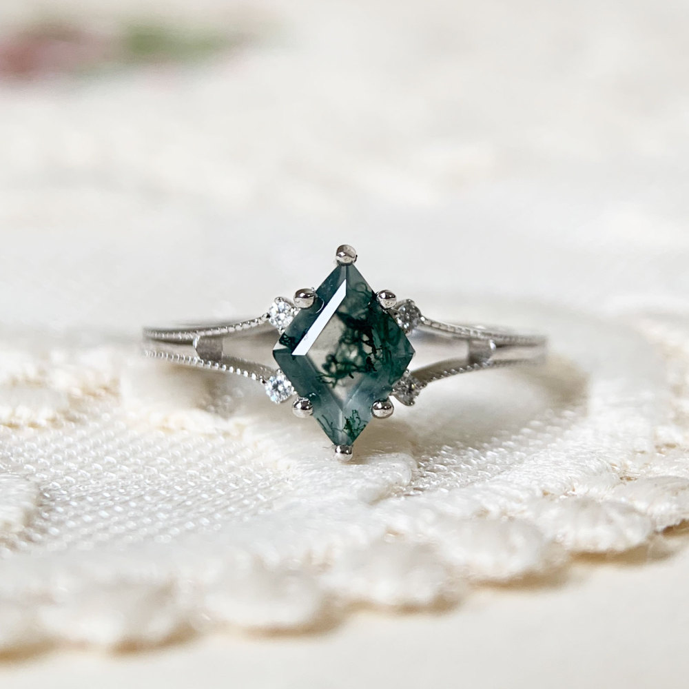 Moss Agate Engagement Ring Art Deco Unique Solid Gold Promise Anniversary Jewelry for Women