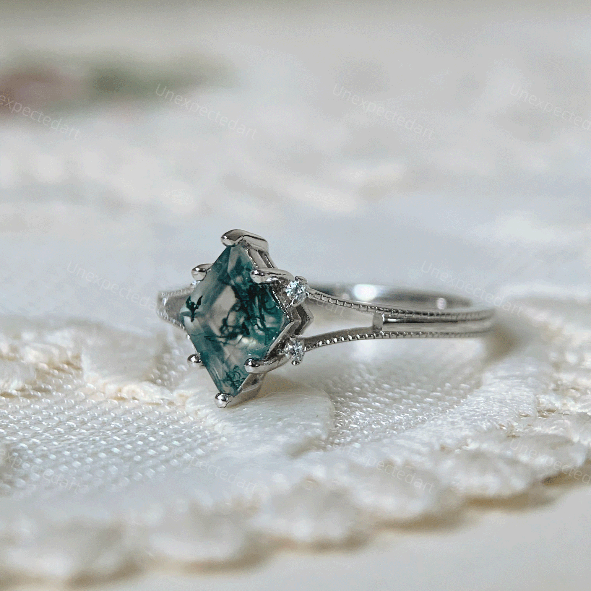 Moss Agate Engagement Ring Art Deco Unique Solid Gold Promise Anniversary Jewelry for Women