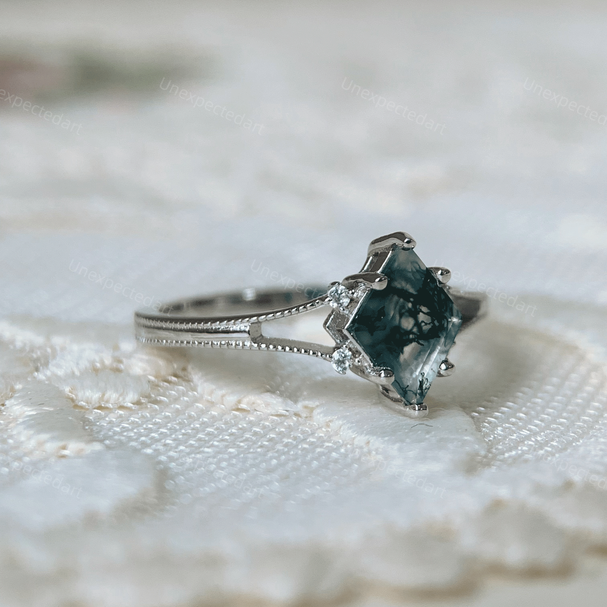 Moss Agate Engagement Ring Art Deco Unique Solid Gold Promise Anniversary Jewelry for Women