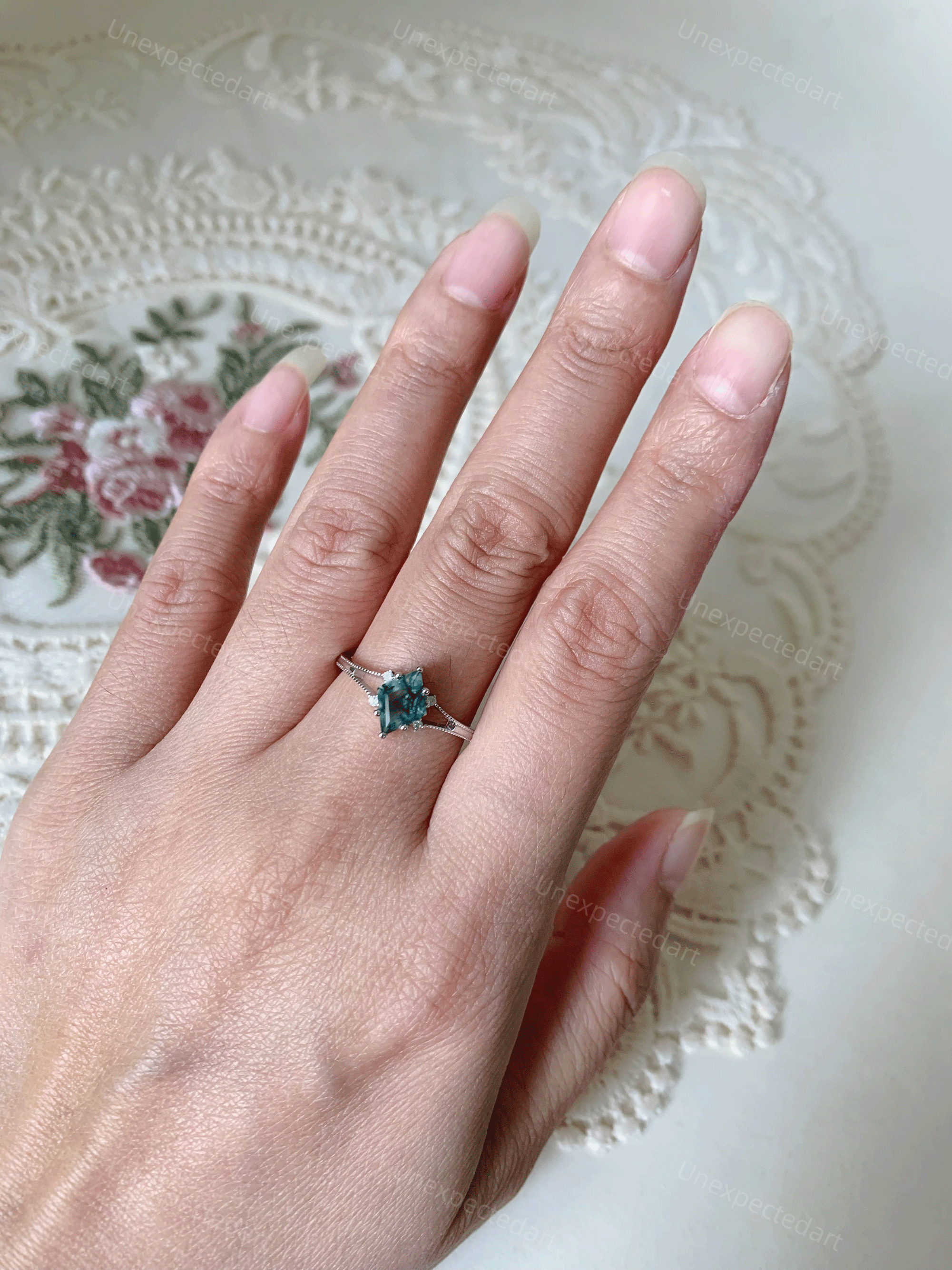 Moss Agate Engagement Ring Art Deco Unique Solid Gold Promise Anniversary Jewelry for Women