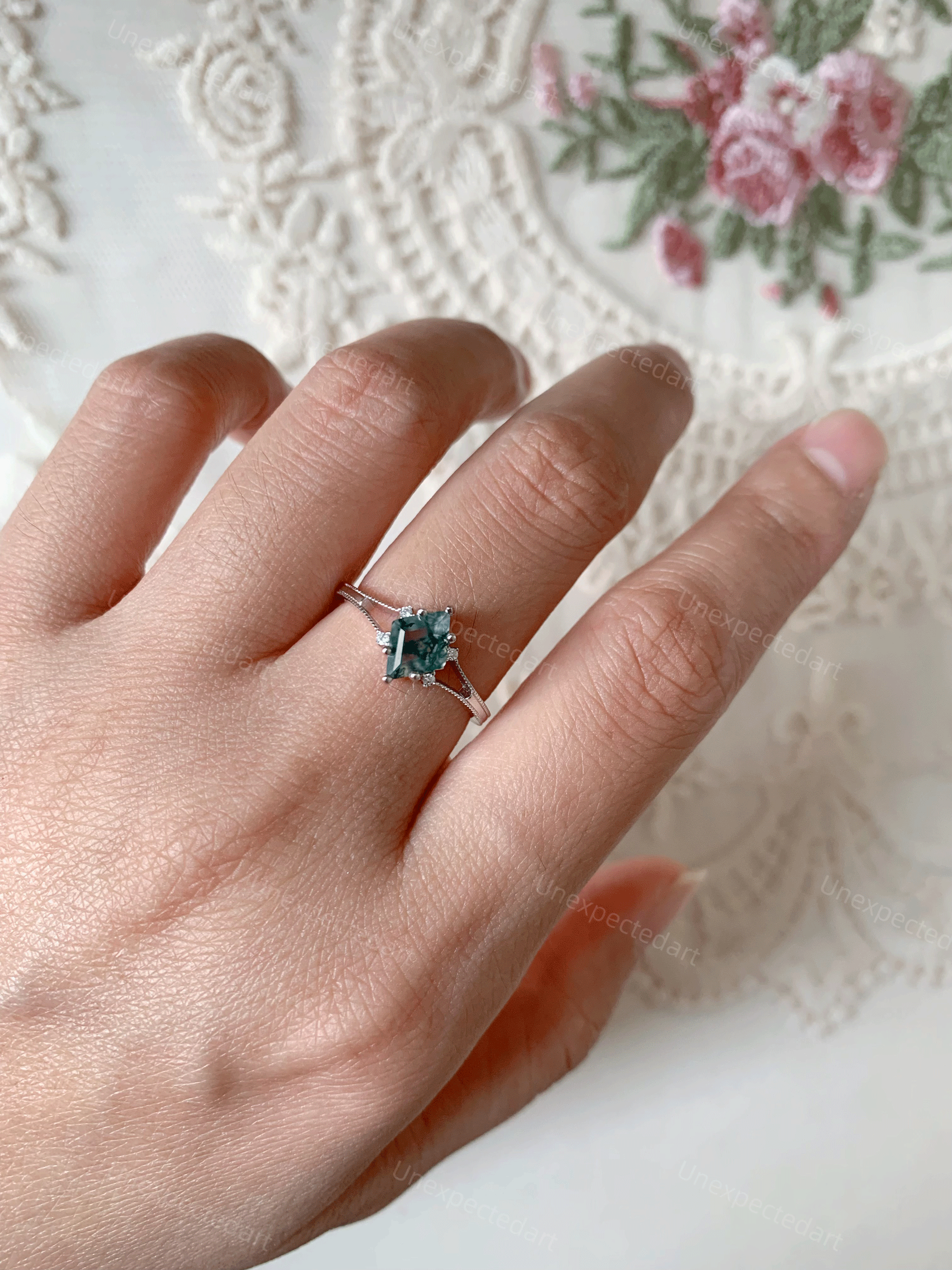 Moss Agate Engagement Ring Art Deco Unique Solid Gold Promise Anniversary Jewelry for Women
