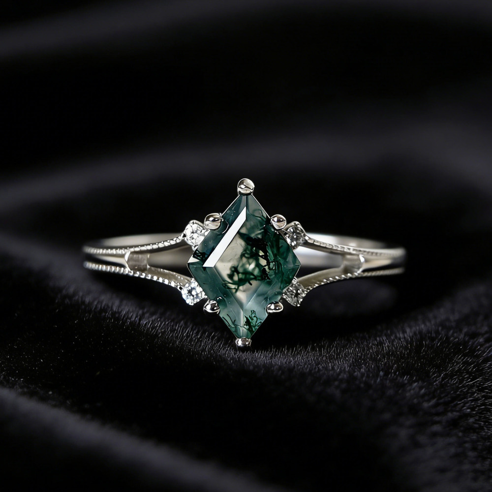 Moss Agate Engagement Ring Art Deco Unique Solid Gold Promise Anniversary Jewelry for Women