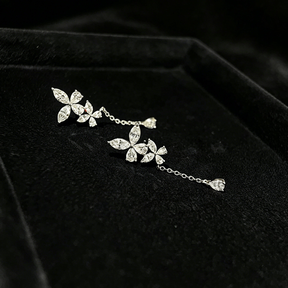 925 Sterling Silver CZ Butterfly Drop Earrings Dainty Flower Tassel Dangle Earrings
