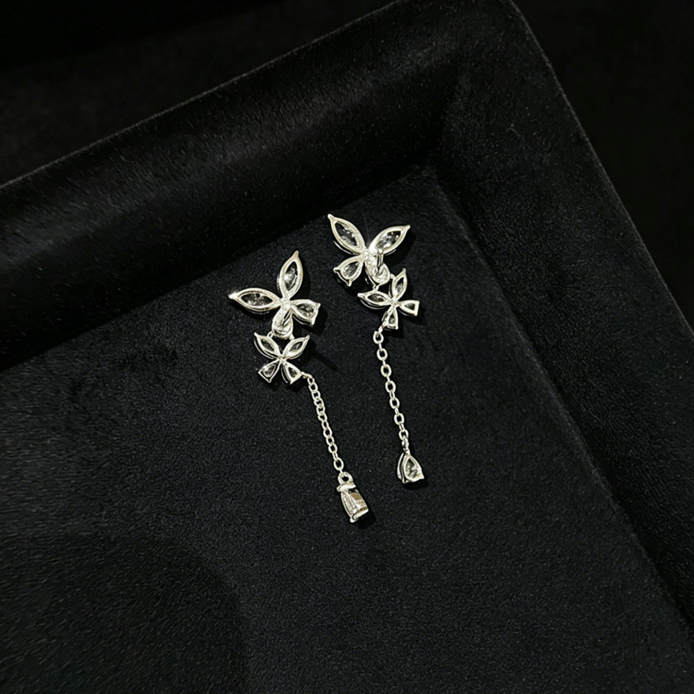 925 Sterling Silver CZ Butterfly Drop Earrings Dainty Flower Tassel Dangle Earrings