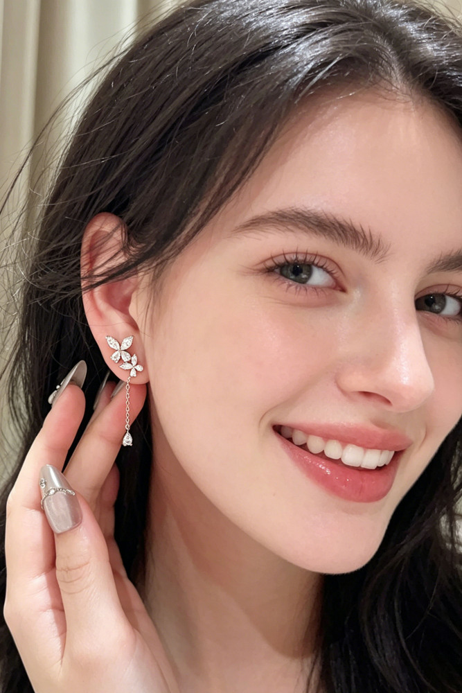925 Sterling Silver CZ Butterfly Drop Earrings Dainty Flower Tassel Dangle Earrings